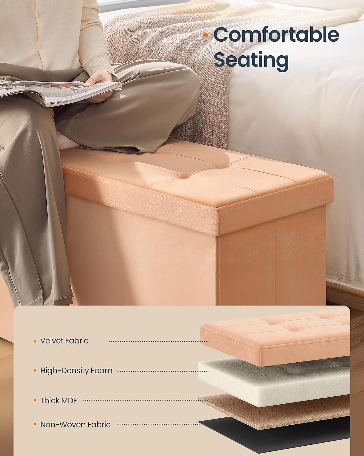 image:imageSONGMICS HOME Storage Ottoman 35 Gallons End of Bench 152 x 432 x 152 Inches for Entryway Living Room Light GrayOrange