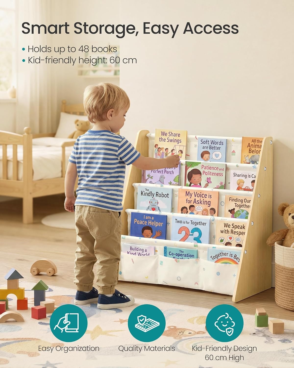 image:imageSONGMICS Kids Bookshelf 4Tier Sling Bookcase 246 x 98 x 236 InchBeech Beige