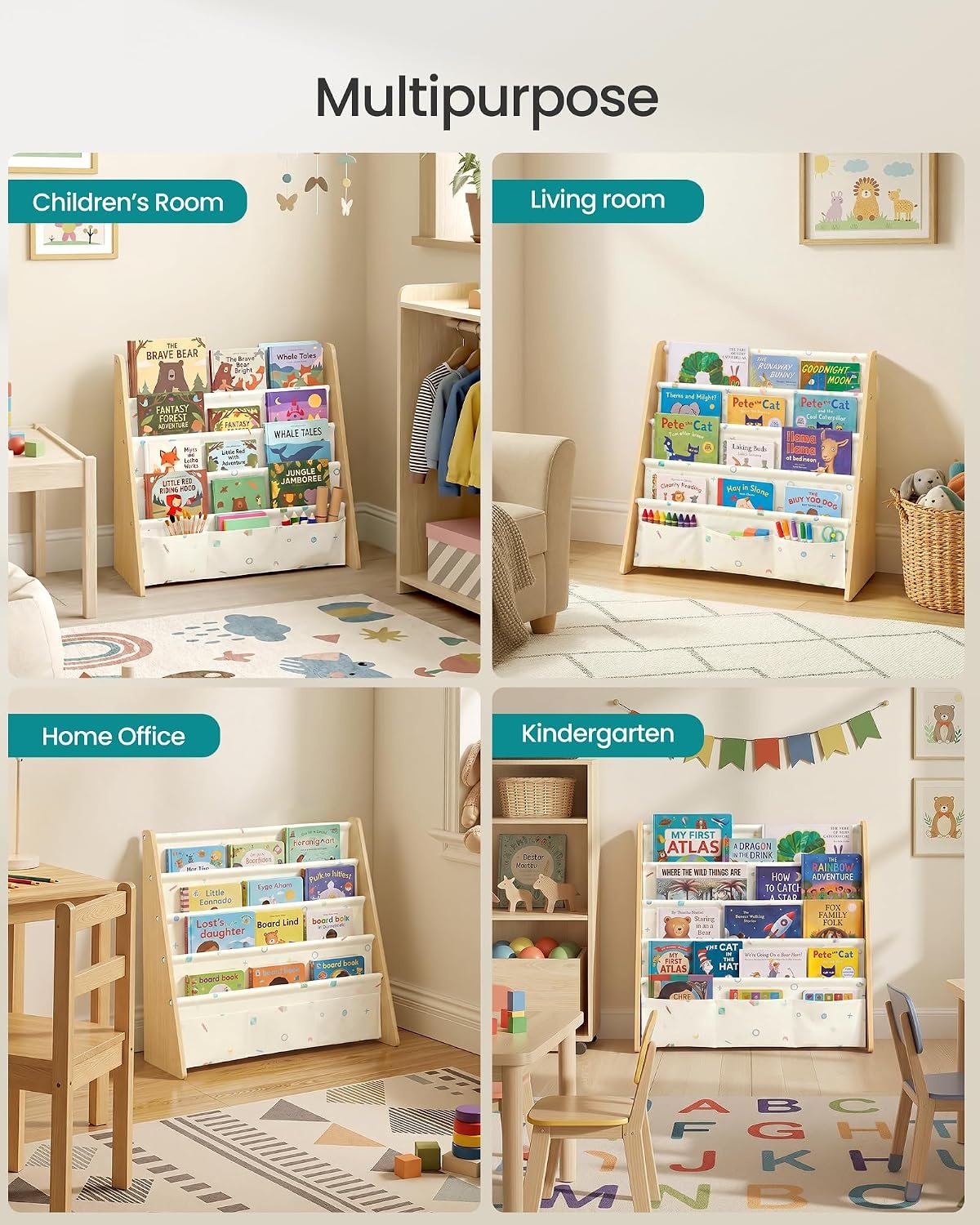 image:imageSONGMICS Kids Bookshelf 4Tier Sling Bookcase 246 x 98 x 236 InchBeech Beige
