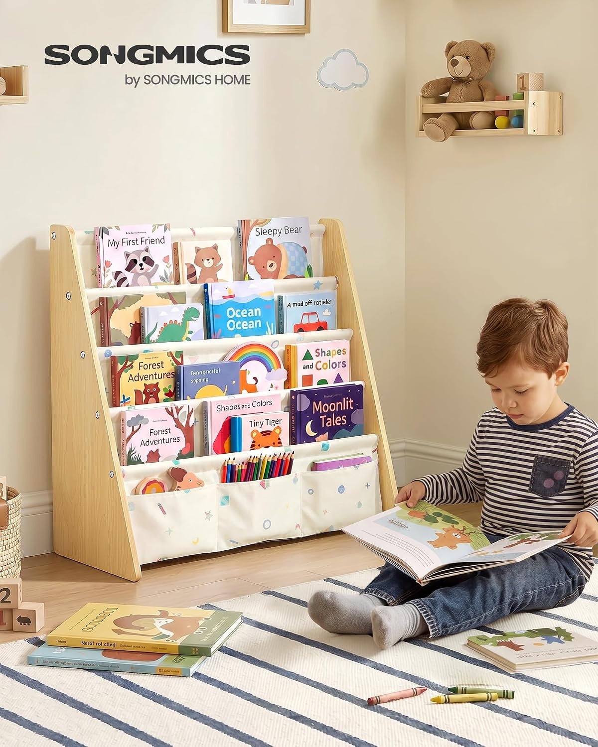 image:imageSONGMICS Kids Bookshelf 4Tier Sling Bookcase 246 x 98 x 236 InchBeech Beige