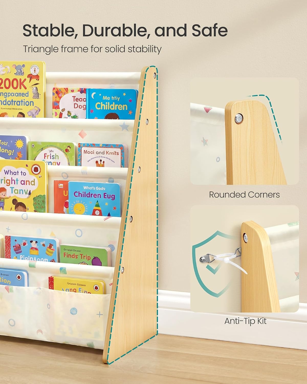 image:imageSONGMICS Kids Bookshelf 4Tier Sling Bookcase 246 x 98 x 236 InchBeech Beige