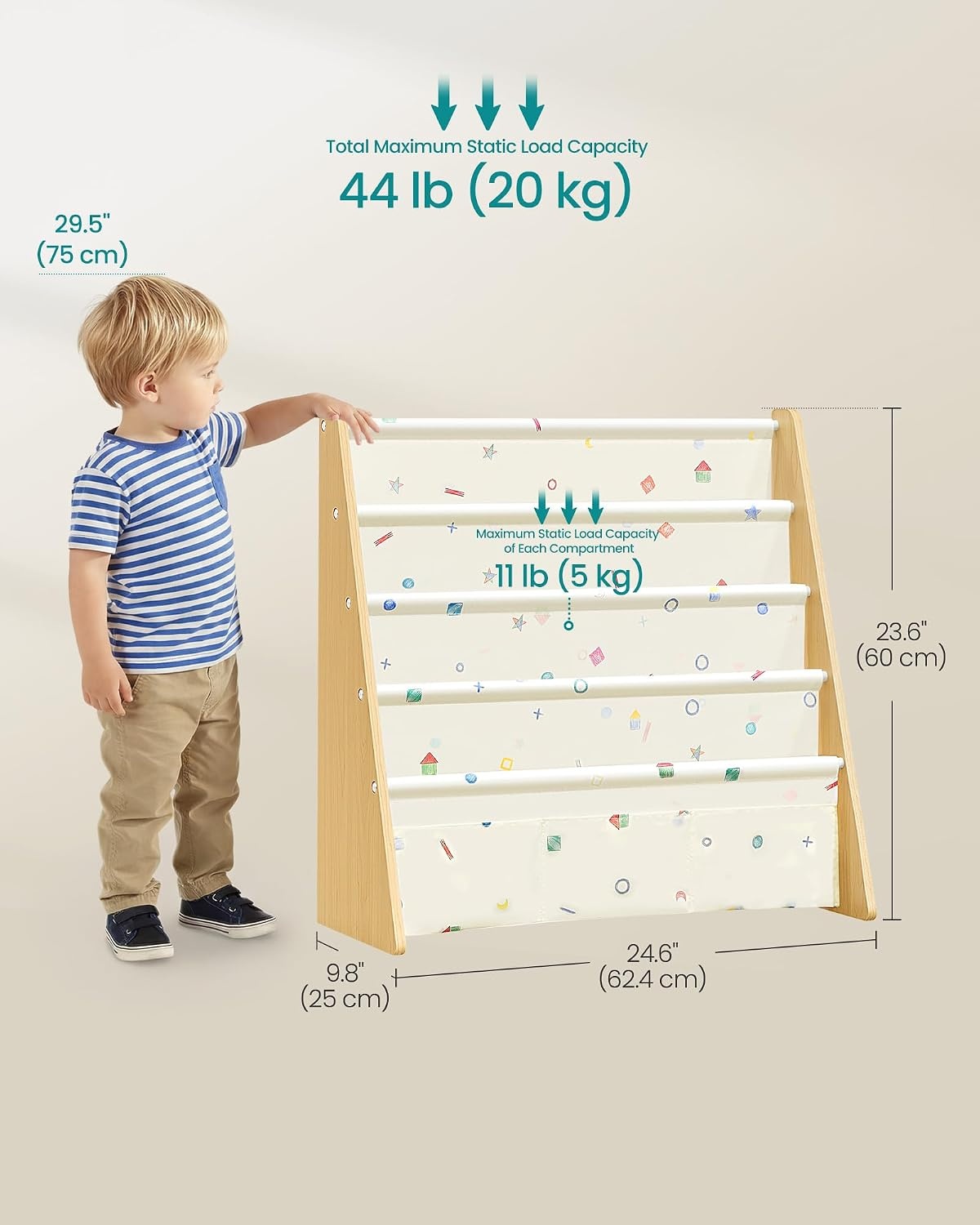 image:imageSONGMICS Kids Bookshelf 4Tier Sling Bookcase 246 x 98 x 236 InchBeech Beige