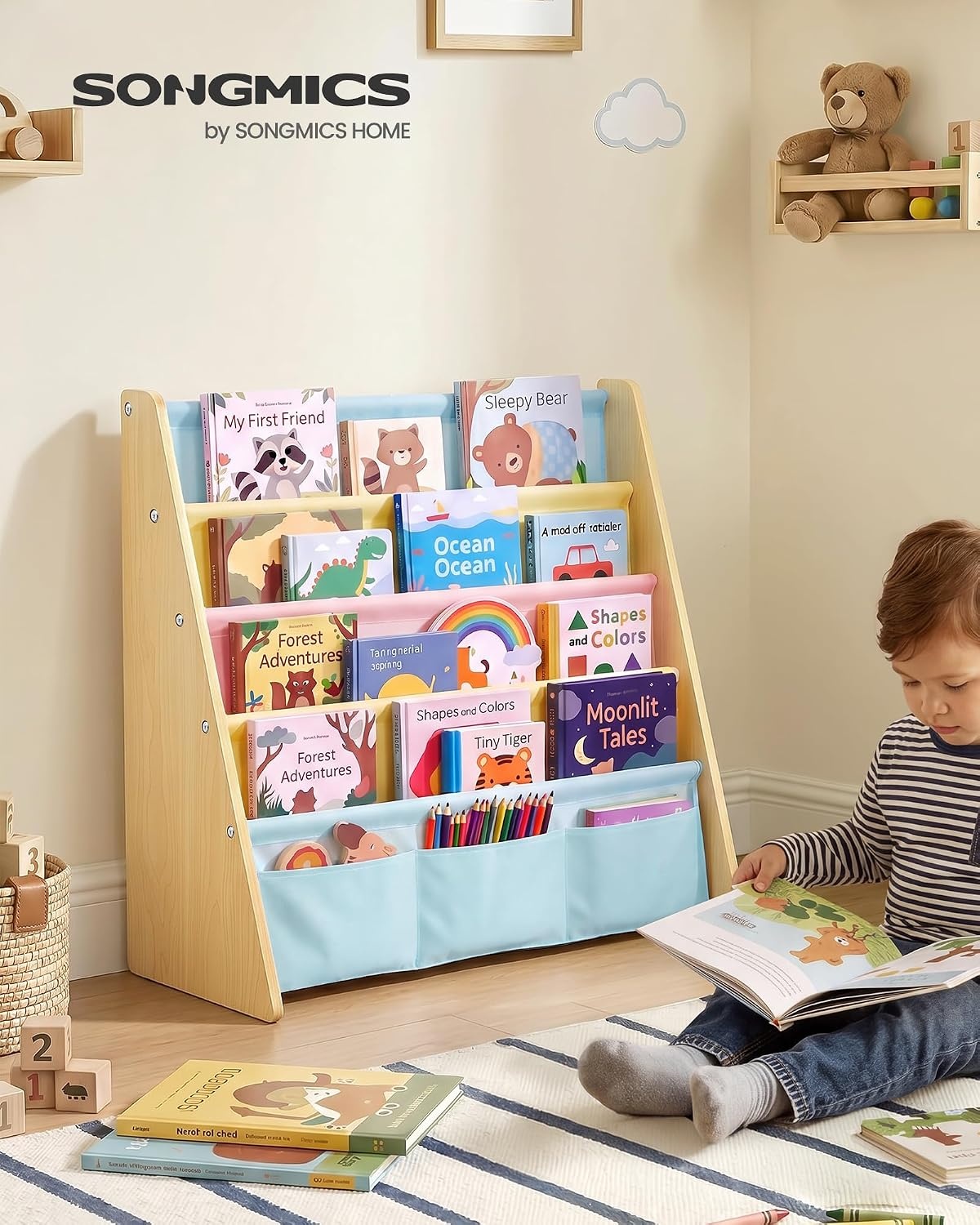 image:imageSONGMICS Kids Bookshelf 4Tier Sling Bookcase 246 x 98 x 236 InchBeech Multicolor