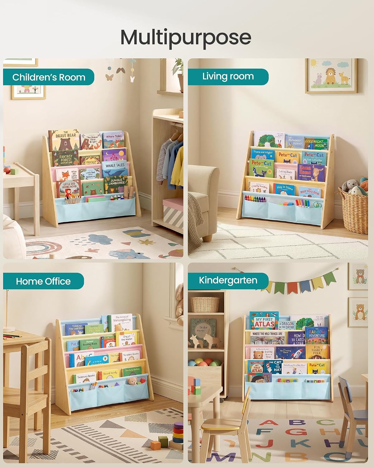 image:imageSONGMICS Kids Bookshelf 4Tier Sling Bookcase 246 x 98 x 236 InchBeech Multicolor