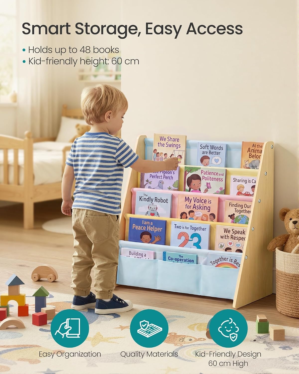 image:imageSONGMICS Kids Bookshelf 4Tier Sling Bookcase 246 x 98 x 236 InchBeech Multicolor