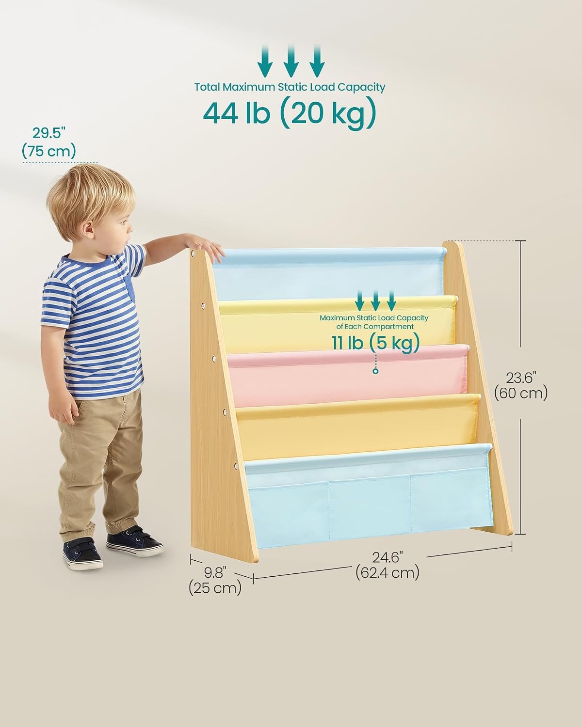 image:imageSONGMICS Kids Bookshelf 4Tier Sling Bookcase 246 x 98 x 236 InchBeech Multicolor