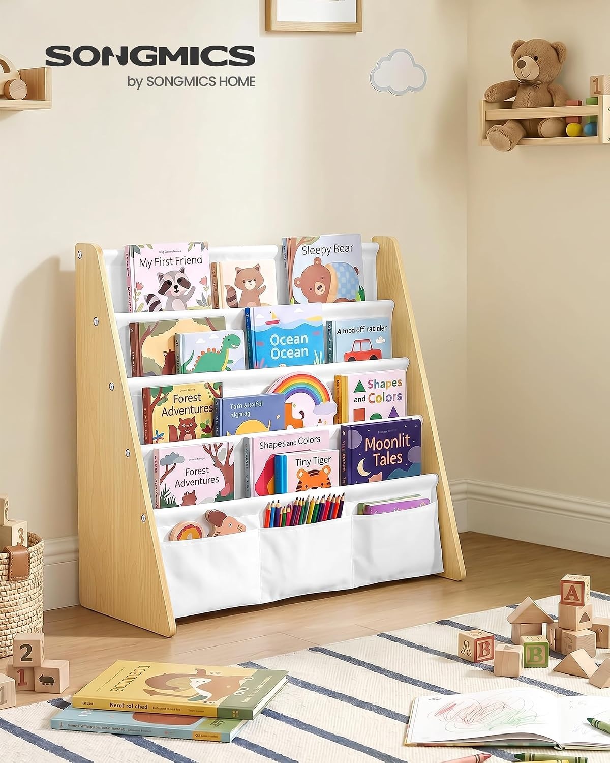 image:imageSONGMICS Kids Bookshelf 4Tier Sling Bookcase 246 x 98 x 236 InchBeech White