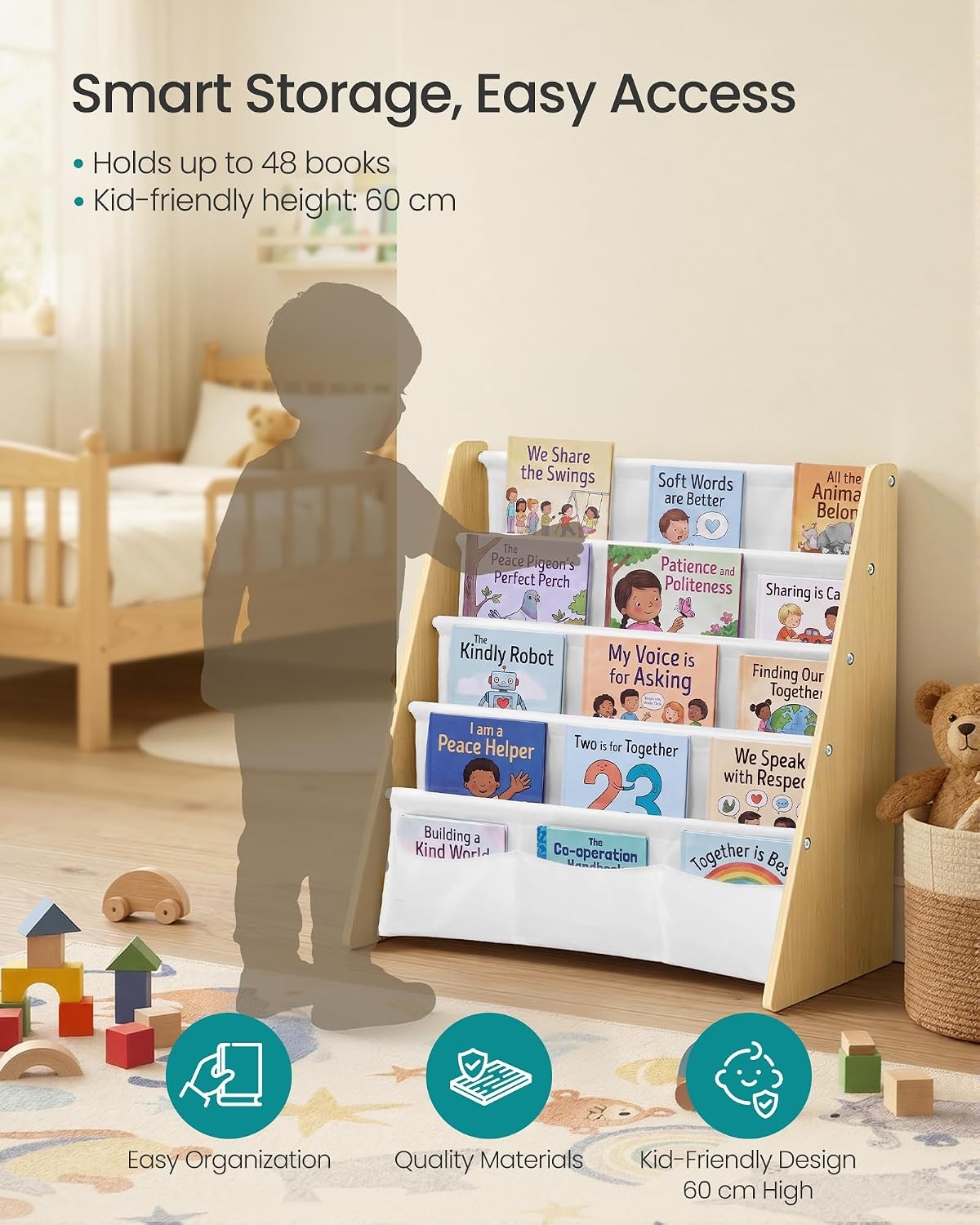 image:imageSONGMICS Kids Bookshelf 4Tier Sling Bookcase 246 x 98 x 236 InchBeech White