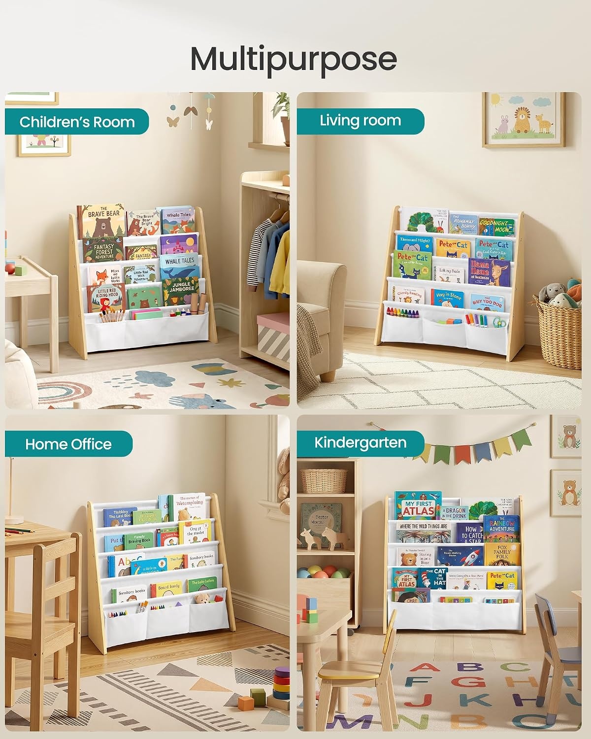 image:imageSONGMICS Kids Bookshelf 4Tier Sling Bookcase 246 x 98 x 236 InchBeech White