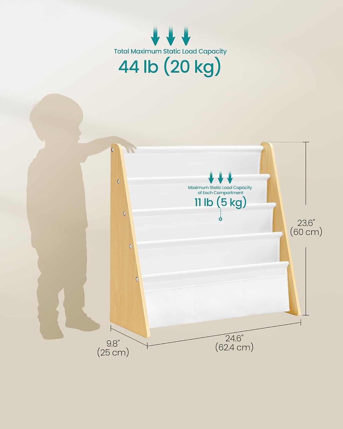 image:imageSONGMICS Kids Bookshelf 4Tier Sling Bookcase 246 x 98 x 236 InchBeech White