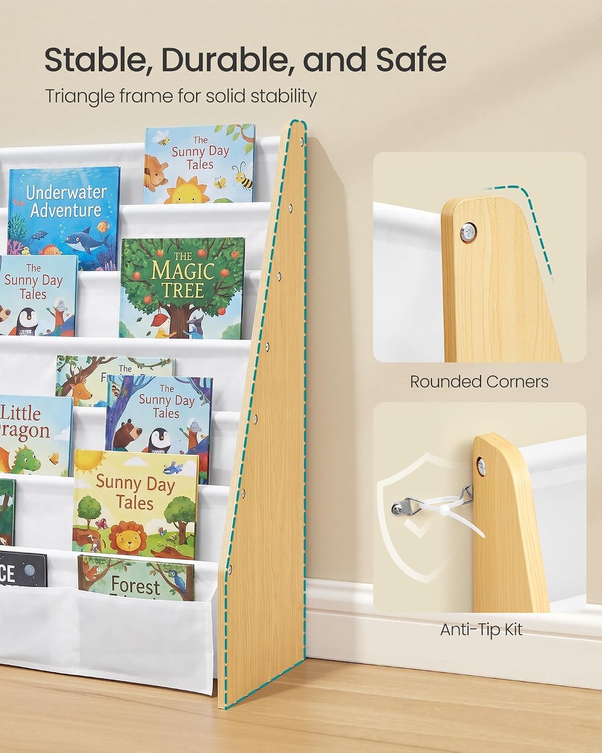 image:imageSONGMICS Kids Bookshelf 4Tier Sling Bookcase 246 x 98 x 236 InchBeech White