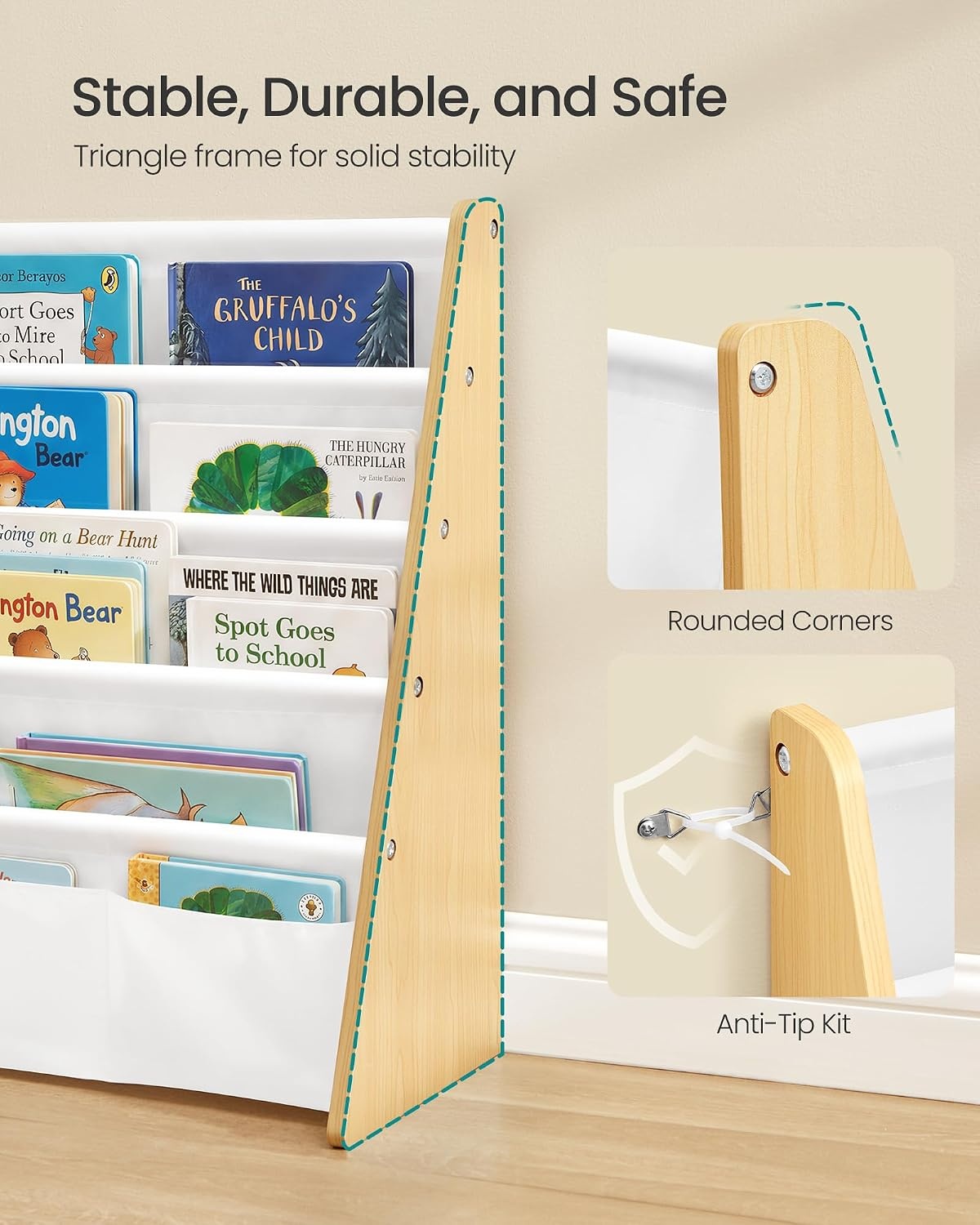 image:imageSONGMICS Kids Bookshelf 4Tier Sling Bookcase 246 x 98 x 236 InchBeech White