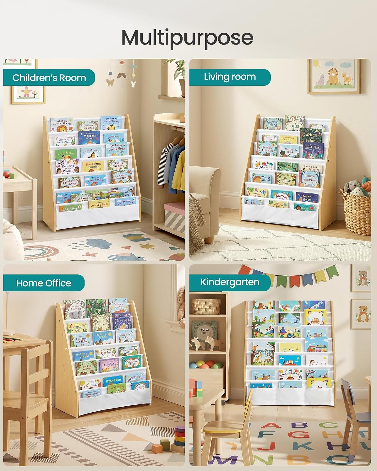 image:imageSONGMICS Kids Bookshelf 4Tier Sling Bookcase 246 x 98 x 236 InchBeech White
