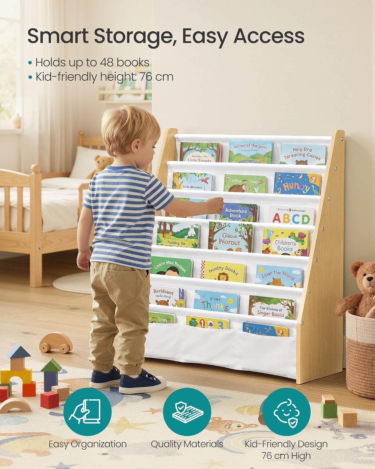 image:imageSONGMICS Kids Bookshelf 4Tier Sling Bookcase 246 x 98 x 236 InchBeech White
