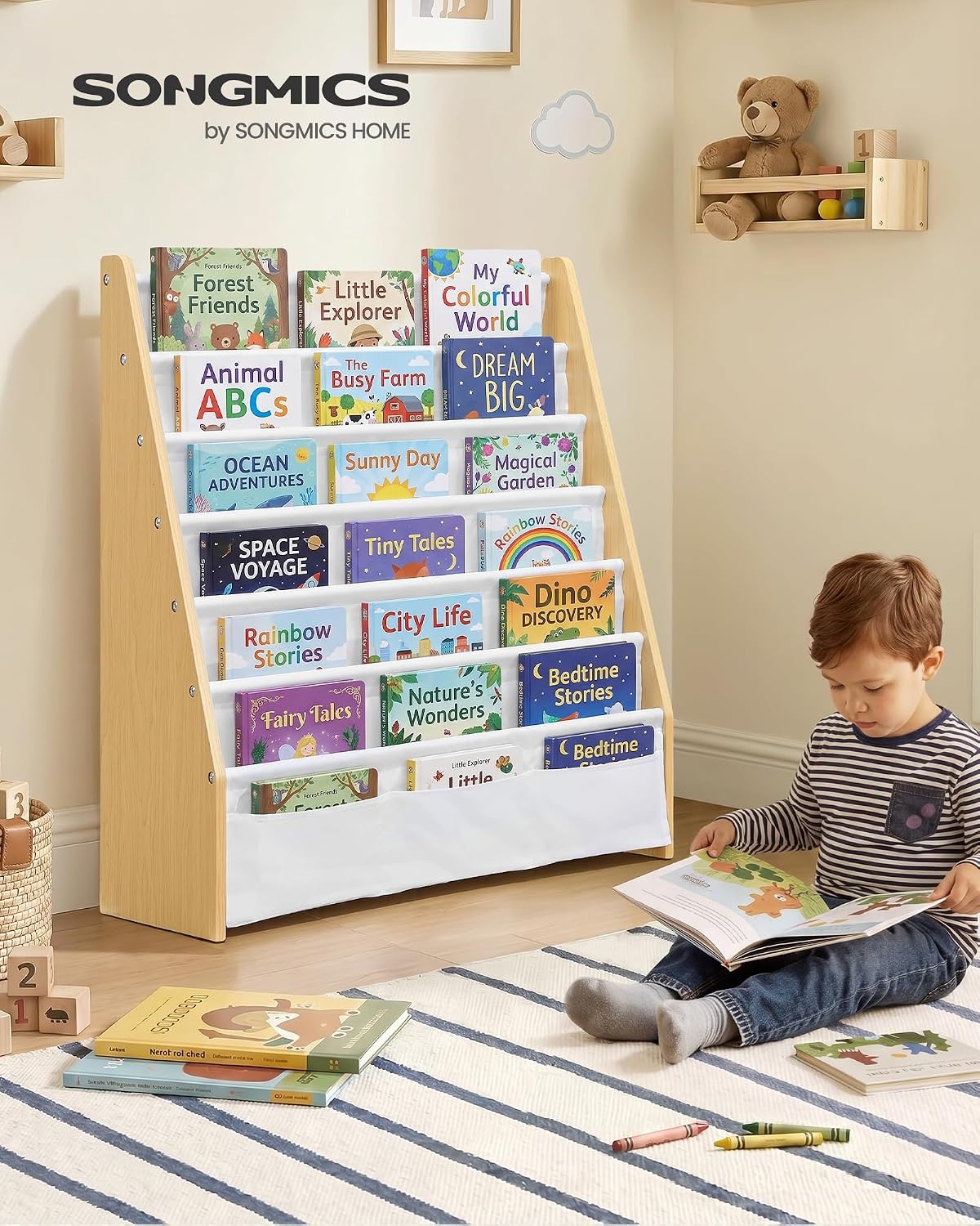 image:imageSONGMICS Kids Bookshelf 4Tier Sling Bookcase 246 x 98 x 236 InchBeech White