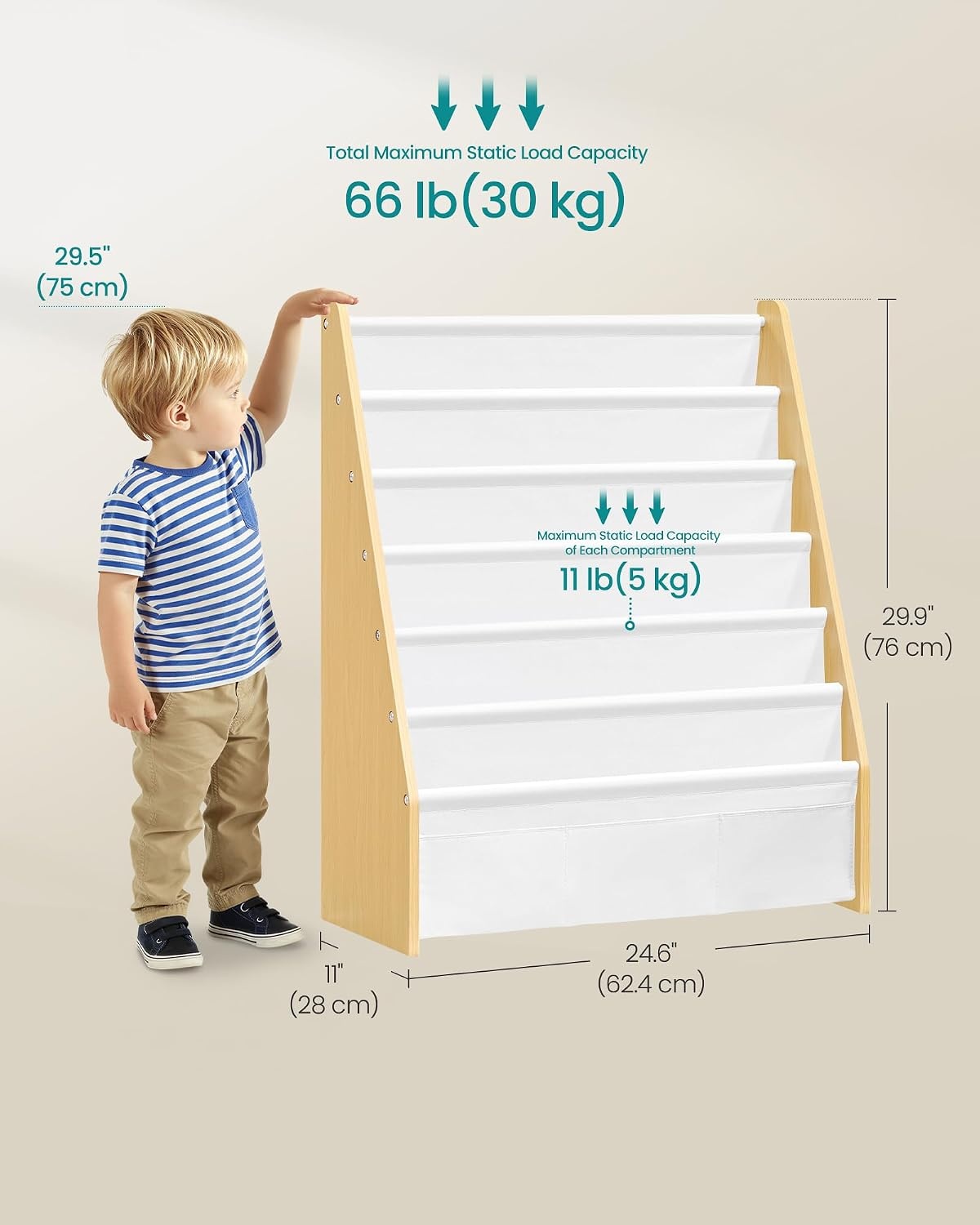 image:imageSONGMICS Kids Bookshelf 4Tier Sling Bookcase 246 x 98 x 236 InchBeech White