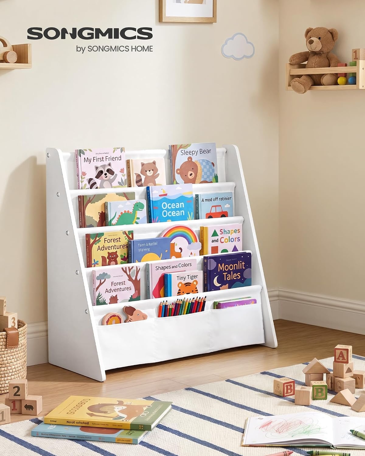 image:imageSONGMICS Kids Bookshelf 4Tier Sling Bookcase 246 x 98 x 236 InchCloud White White
