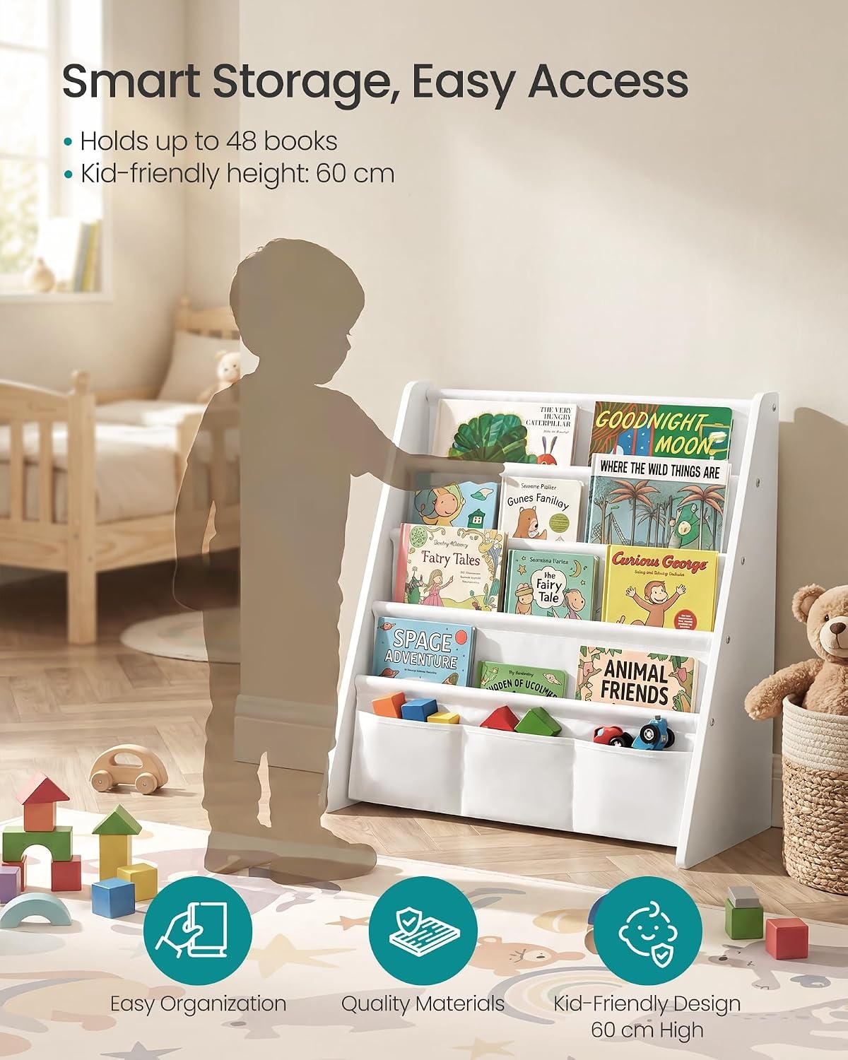 image:imageSONGMICS Kids Bookshelf 4Tier Sling Bookcase 246 x 98 x 236 InchCloud White White
