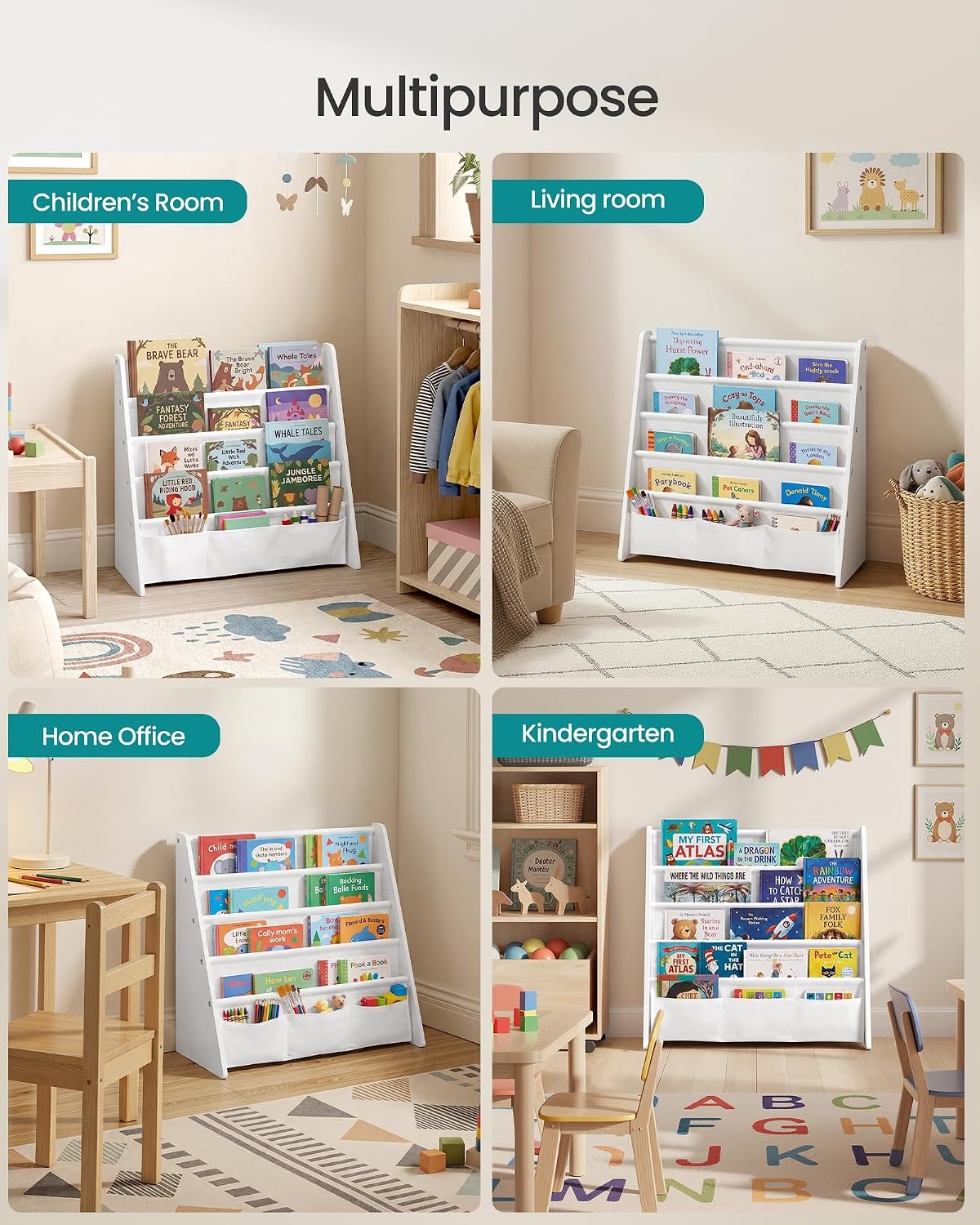 image:imageSONGMICS Kids Bookshelf 4Tier Sling Bookcase 246 x 98 x 236 InchCloud White White