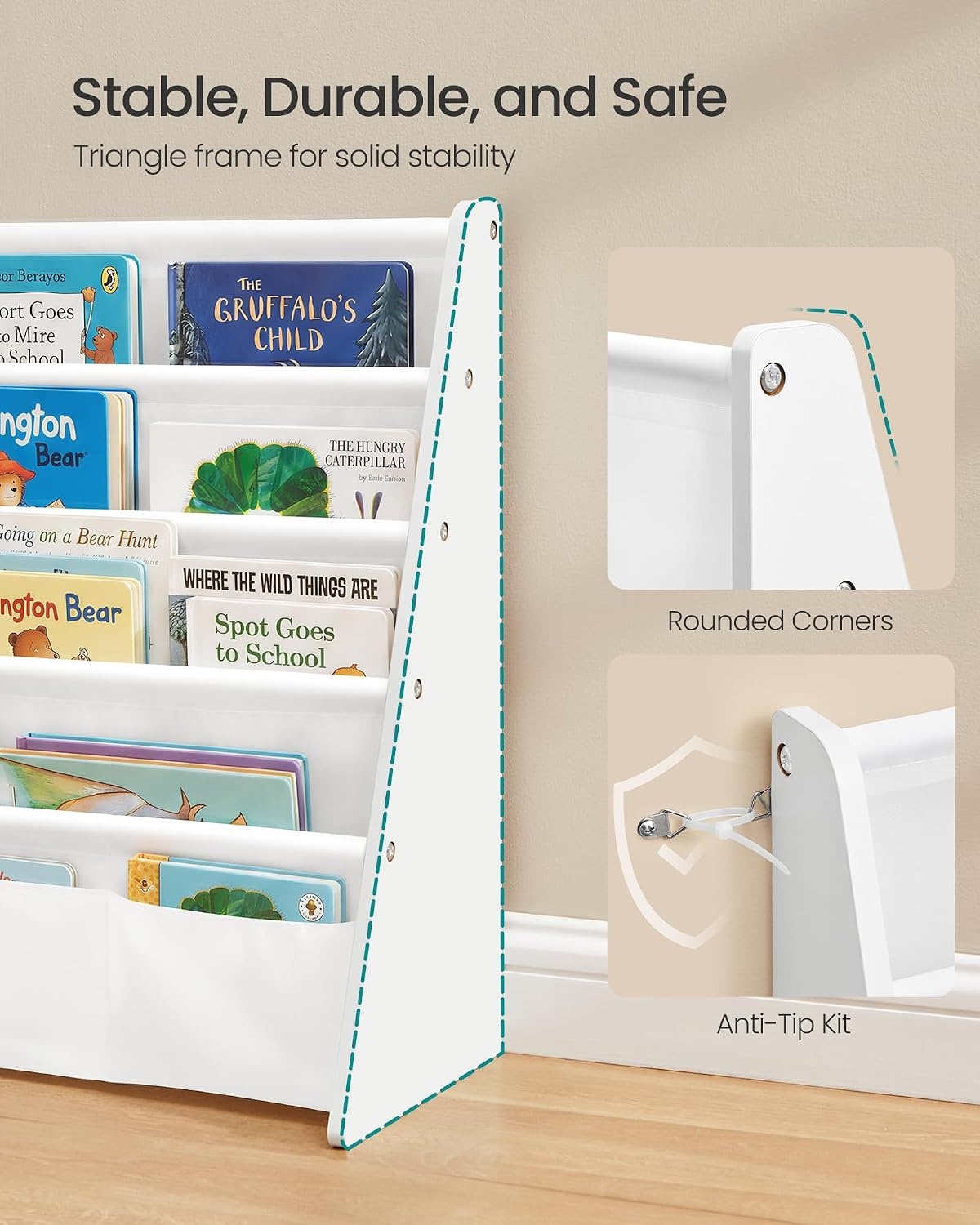 image:imageSONGMICS Kids Bookshelf 4Tier Sling Bookcase 246 x 98 x 236 InchCloud White White