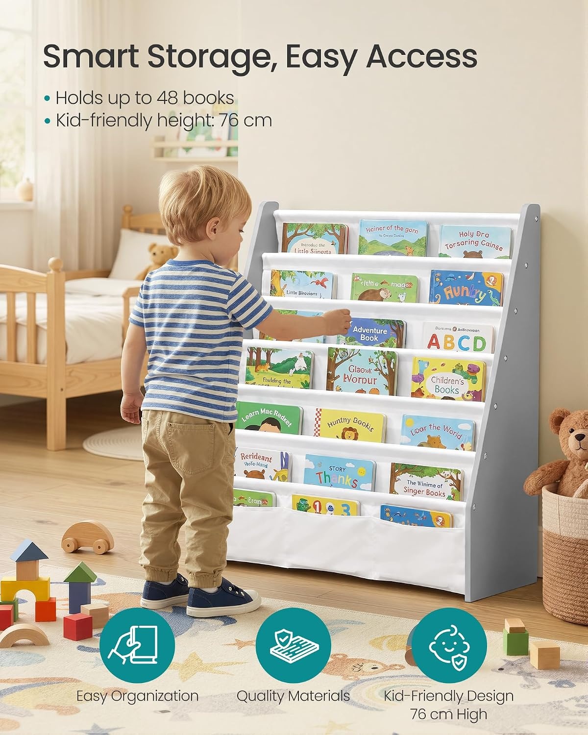 image:imageSONGMICS Kids Bookshelf 4Tier Sling Bookcase 246 x 98 x 236 InchDove Gray White