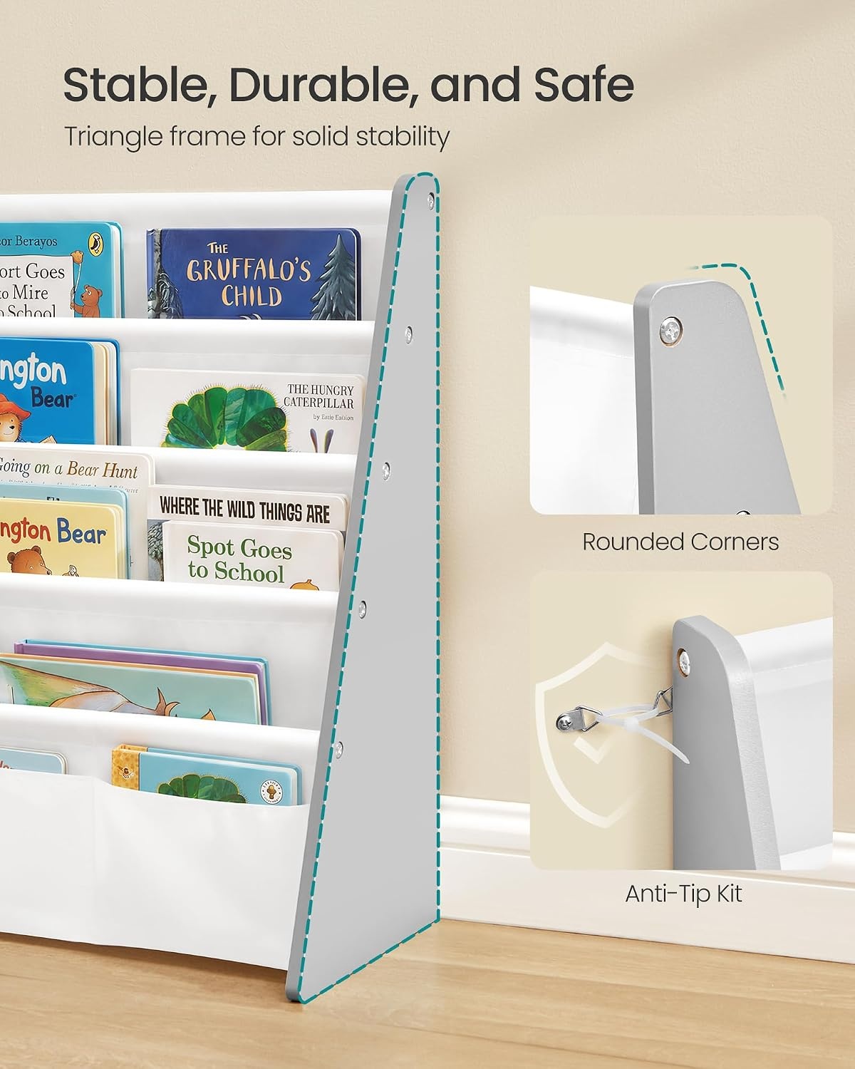 image:imageSONGMICS Kids Bookshelf 4Tier Sling Bookcase 246 x 98 x 236 InchDove Gray White