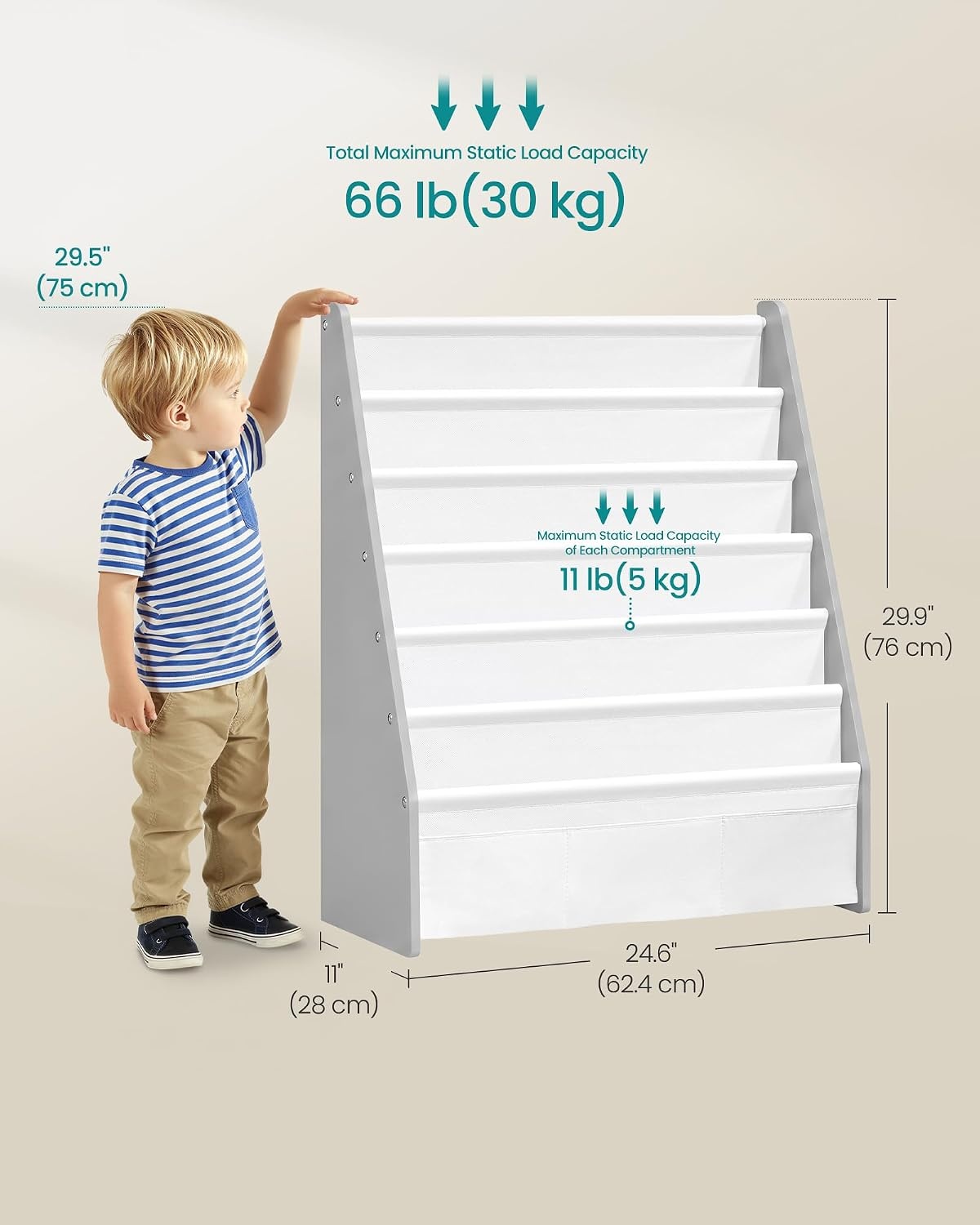 image:imageSONGMICS Kids Bookshelf 4Tier Sling Bookcase 246 x 98 x 236 InchDove Gray White