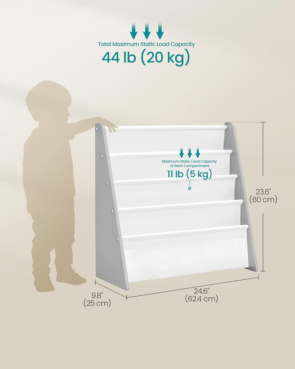 image:imageSONGMICS Kids Bookshelf 4Tier Sling Bookcase 246 x 98 x 236 InchDove Gray White