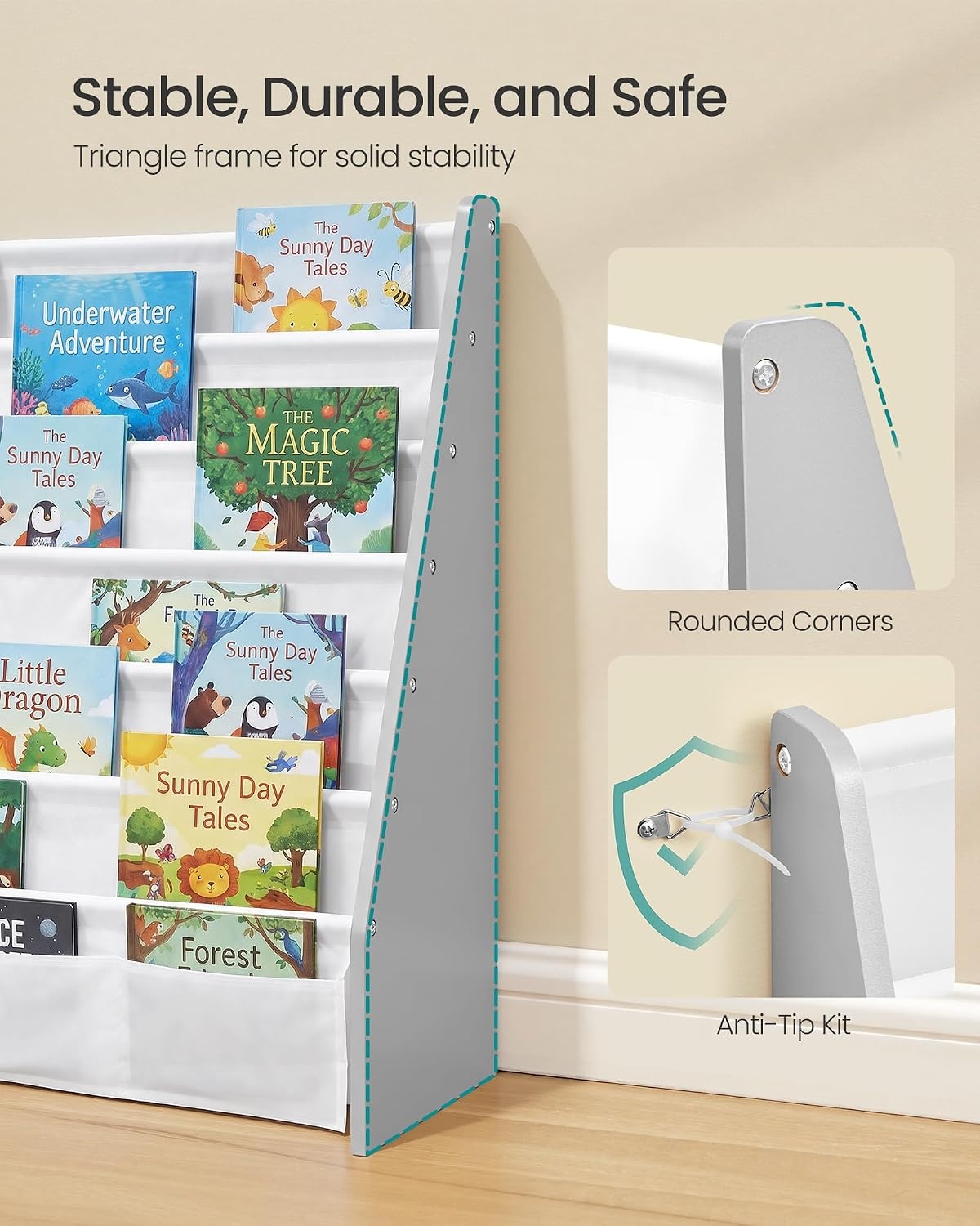 image:imageSONGMICS Kids Bookshelf 4Tier Sling Bookcase 246 x 98 x 236 InchDove Gray White