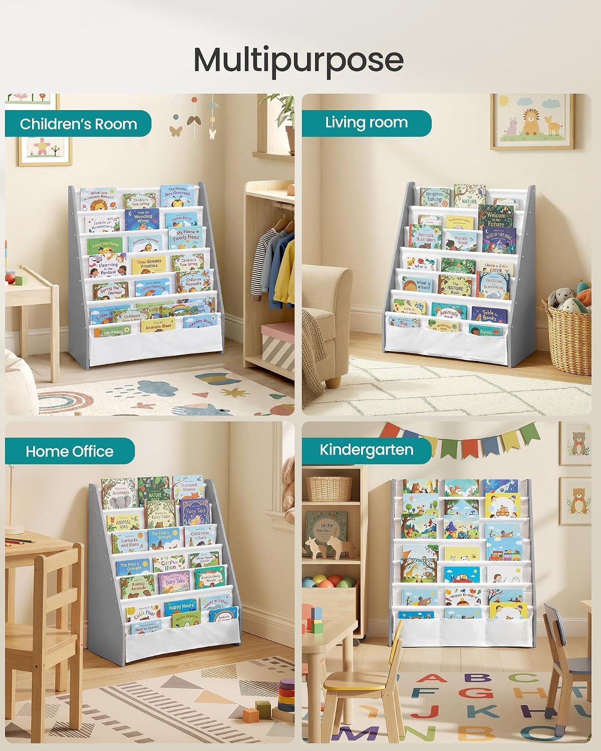image:imageSONGMICS Kids Bookshelf 4Tier Sling Bookcase 246 x 98 x 236 InchDove Gray White