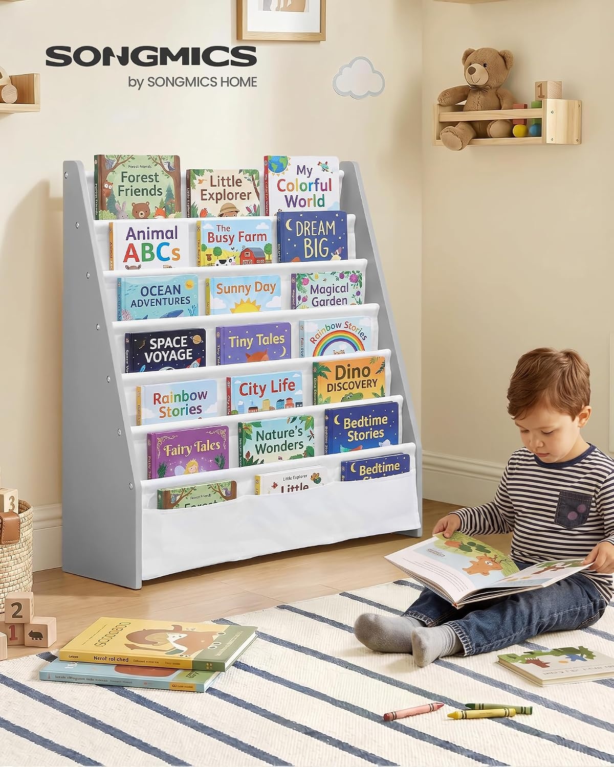 image:imageSONGMICS Kids Bookshelf 4Tier Sling Bookcase 246 x 98 x 236 InchDove Gray White