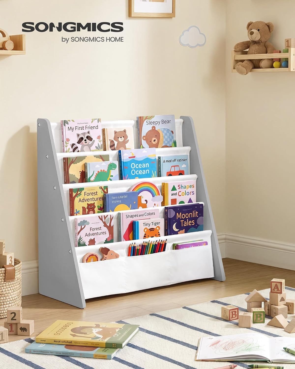 image:imageSONGMICS Kids Bookshelf 4Tier Sling Bookcase 246 x 98 x 236 InchDove Gray White
