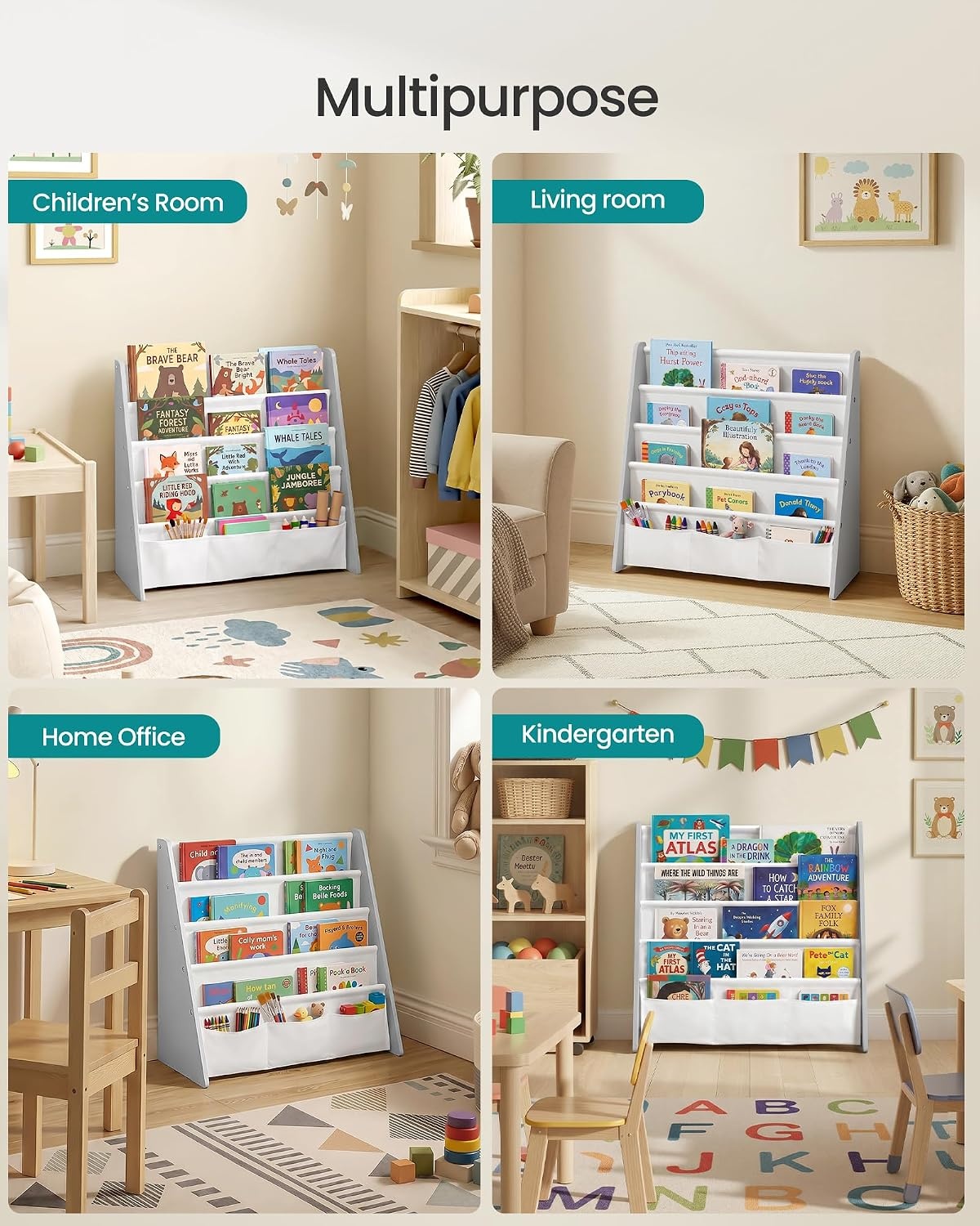 image:imageSONGMICS Kids Bookshelf 4Tier Sling Bookcase 246 x 98 x 236 InchDove Gray White