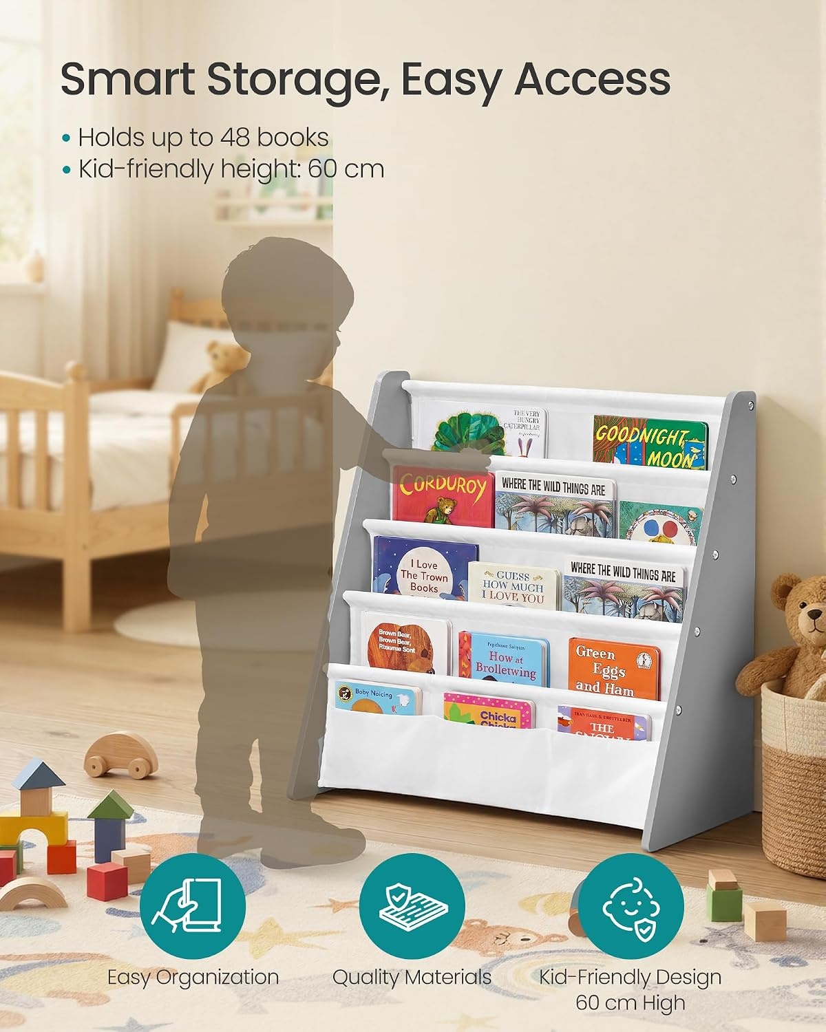 image:imageSONGMICS Kids Bookshelf 4Tier Sling Bookcase 246 x 98 x 236 InchDove Gray White