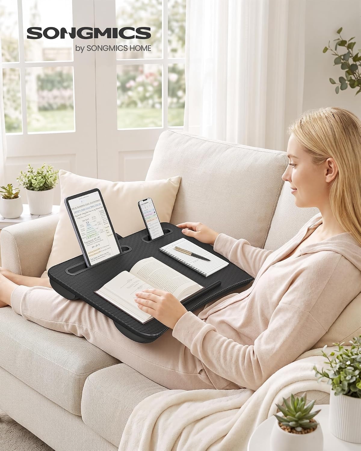image:imageSONGMICS Laptop Lap Desk with Cushion Black PVC Leather Fits 156 LaptopNatural Walnut