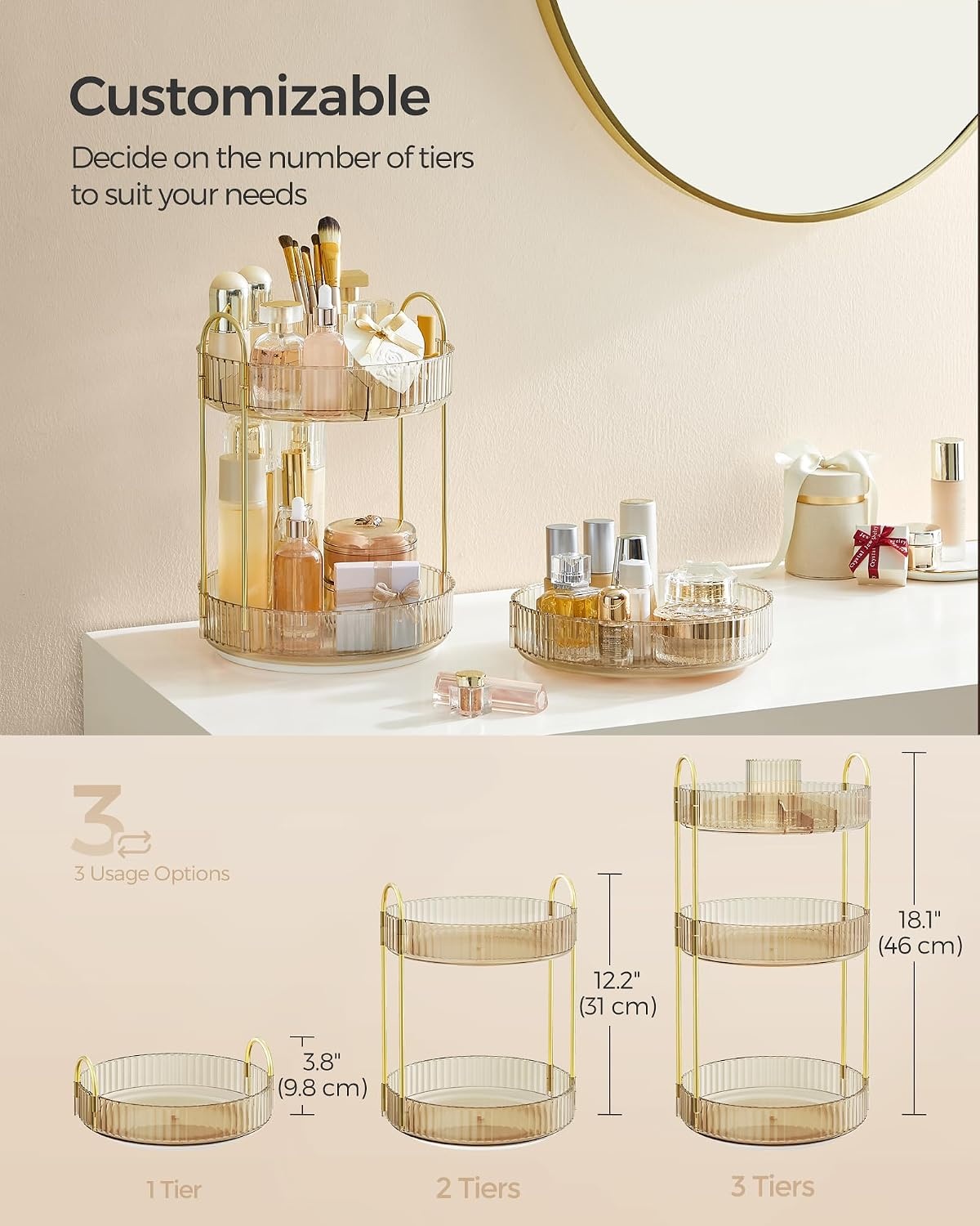image:imageSONGMICS Makeup Organizer Cosmetic Display Case with 2 DrawersChampagne Gold
