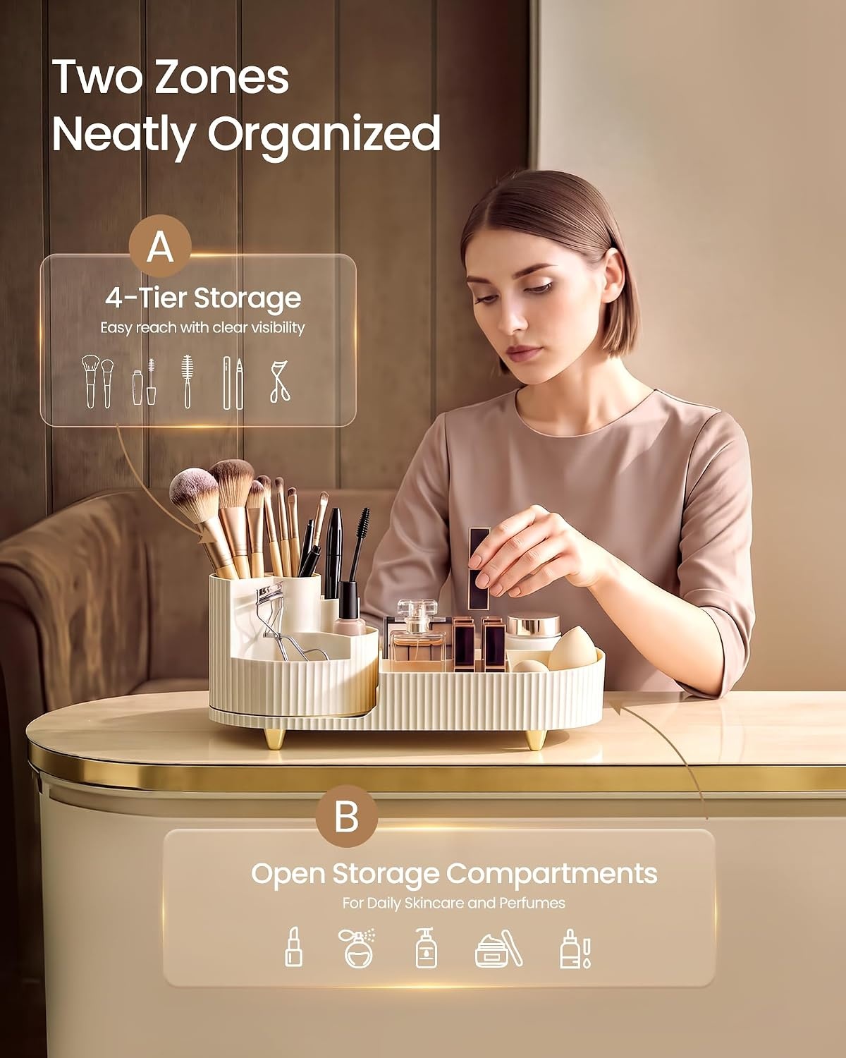 image:imageSONGMICS Makeup Organizer Cosmetic Display Case with 2 DrawersCream