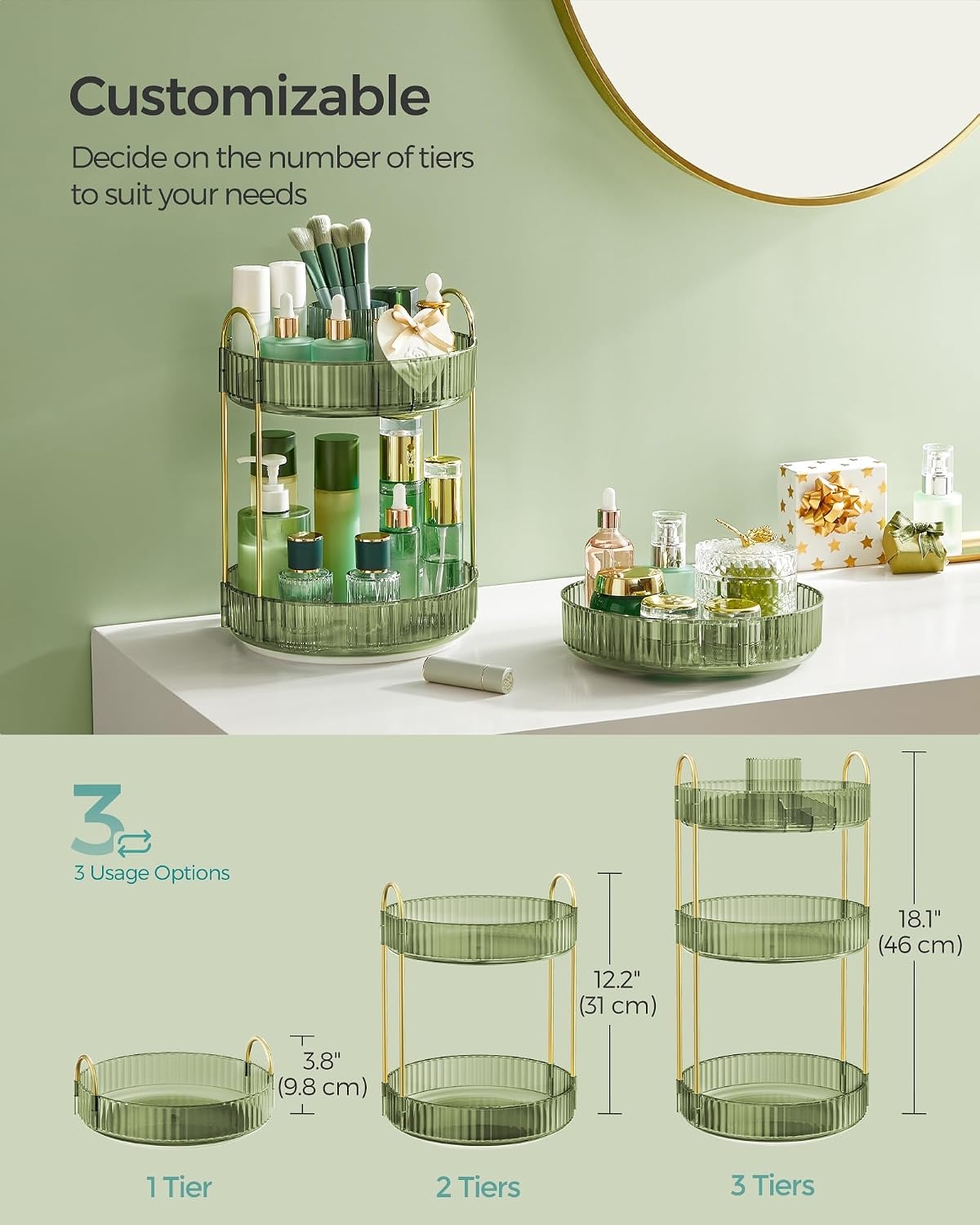 image:imageSONGMICS Makeup Organizer Cosmetic Display Case with 2 DrawersPale Green