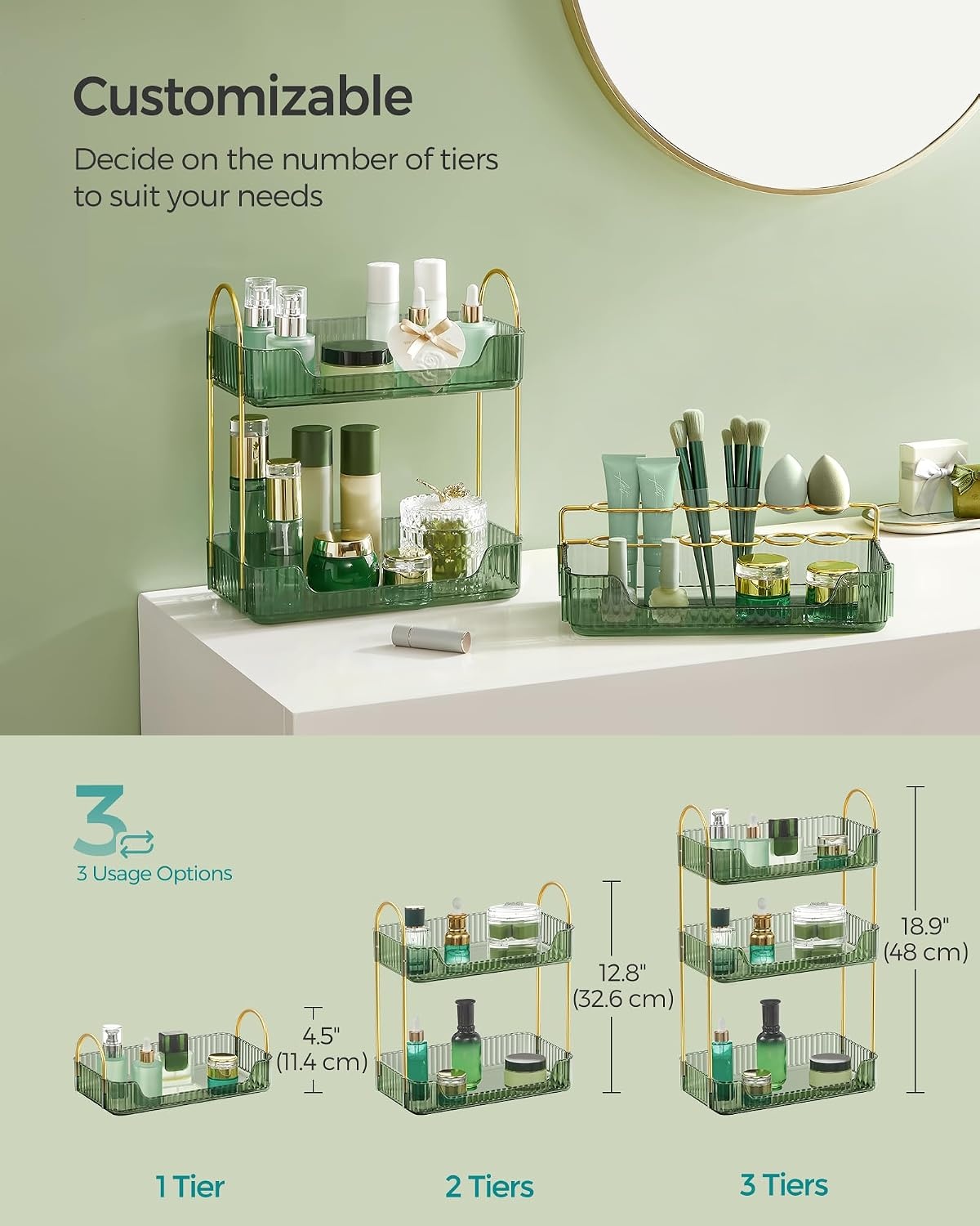 image:imageSONGMICS Makeup Organizer Cosmetic Display Case with 2 DrawersPale Green