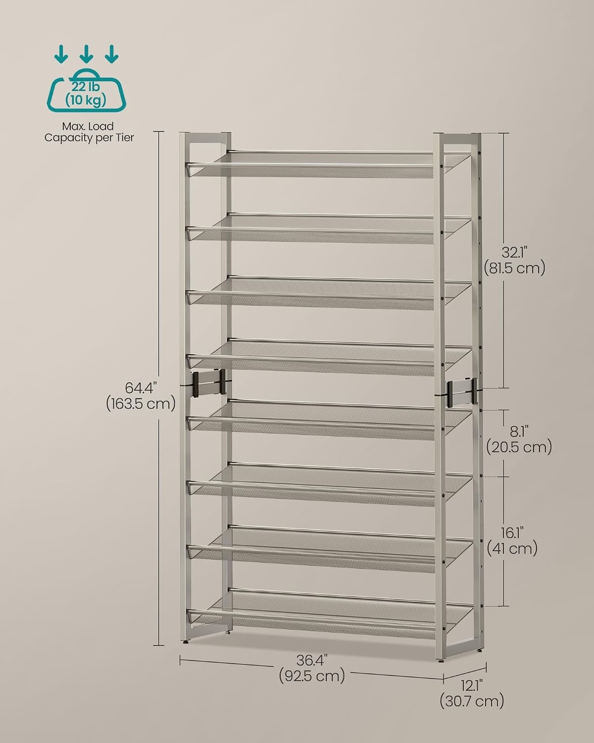 image:imageSONGMICS Metal Shoe Rack 10Tier Shoe Organizer Holds 5060 PairsCappuccino Beige