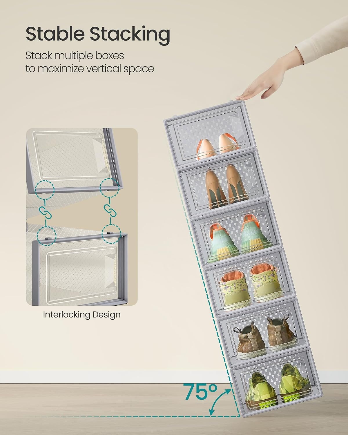 image:imageSONGMICS Shoe Boxes Clear Plastic Sneaker Box Pack of 15Transparent Gray