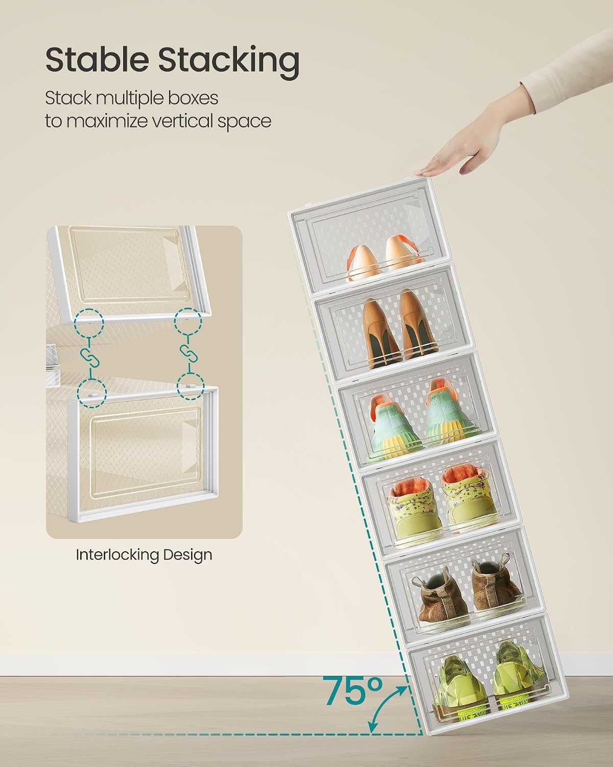 image:imageSONGMICS Shoe Boxes Clear Plastic Sneaker Box Pack of 15Transparent White