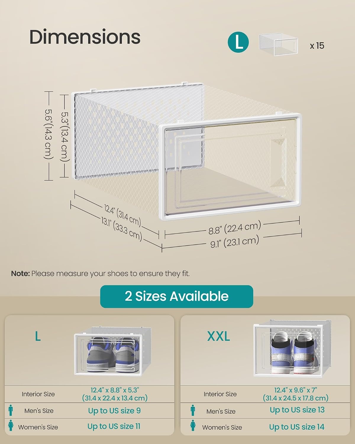 image:imageSONGMICS Shoe Boxes Clear Plastic Sneaker Box Pack of 15Transparent White