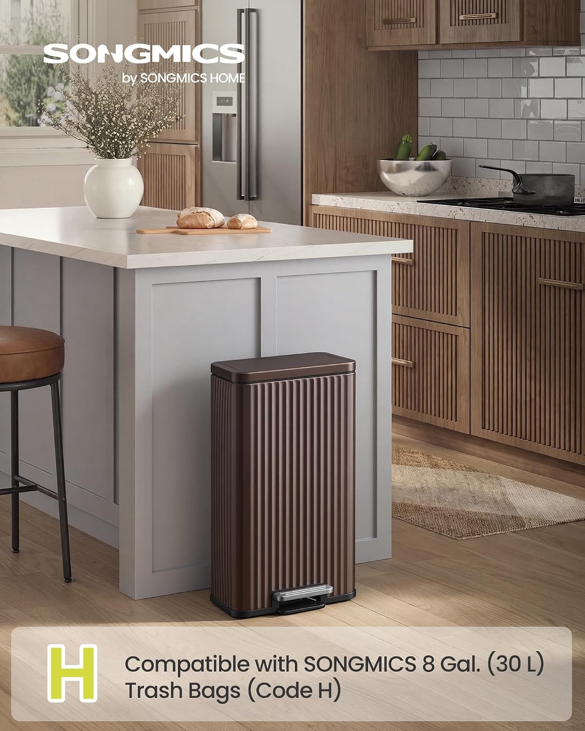 image:imageSONGMICS Trash Can 8 Gallon 30 L Stainless Steel with Lid PedalBrown