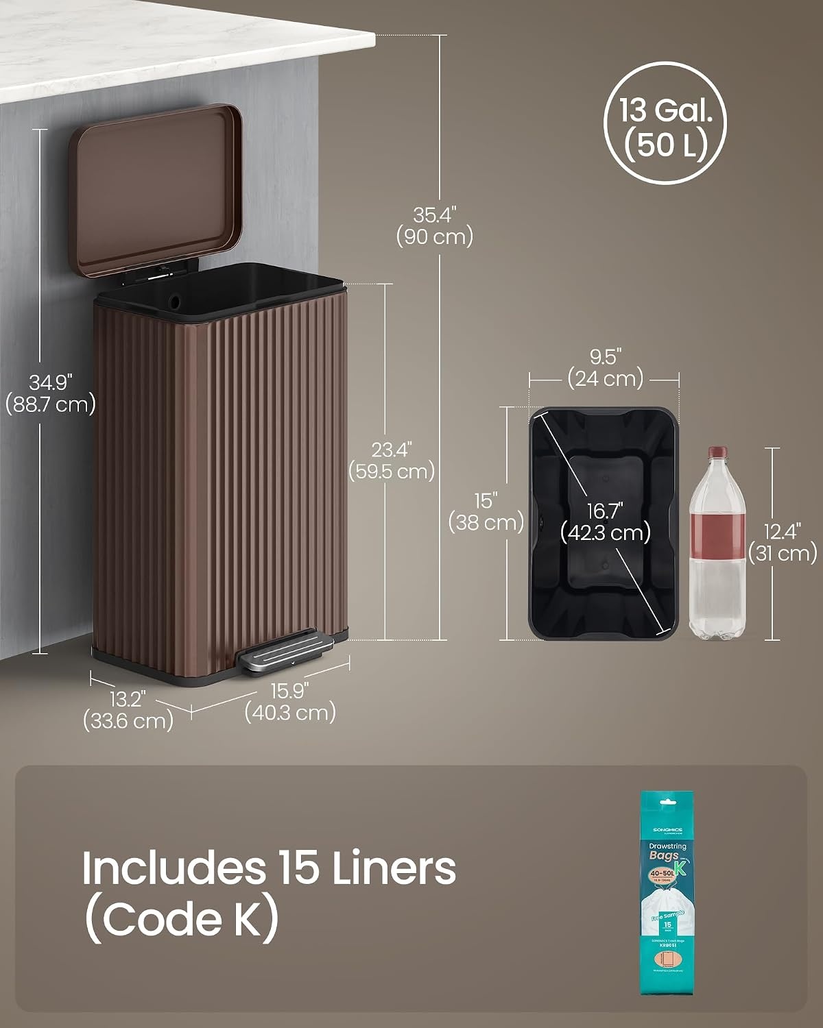image:imageSONGMICS Trash Can 8 Gallon 30 L Stainless Steel with Lid PedalBrown