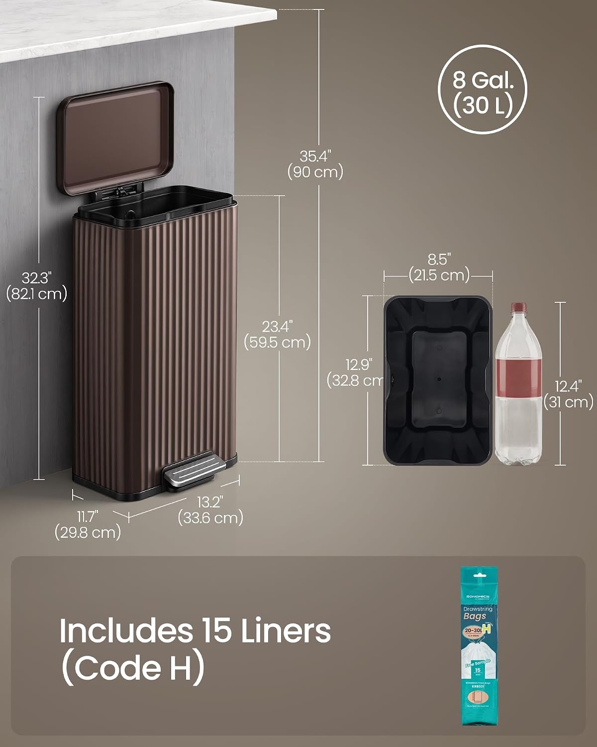 image:imageSONGMICS Trash Can 8 Gallon 30 L Stainless Steel with Lid PedalBrown