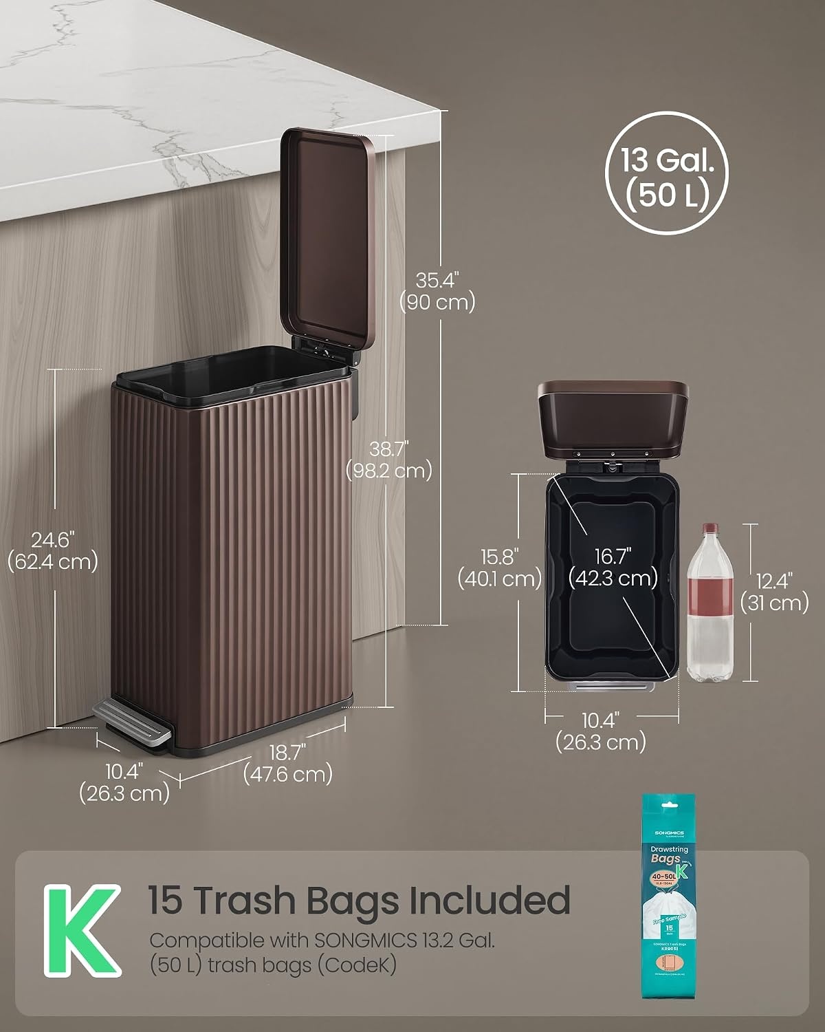 image:imageSONGMICS Trash Can 8 Gallon 30 L Stainless Steel with Lid PedalBrown