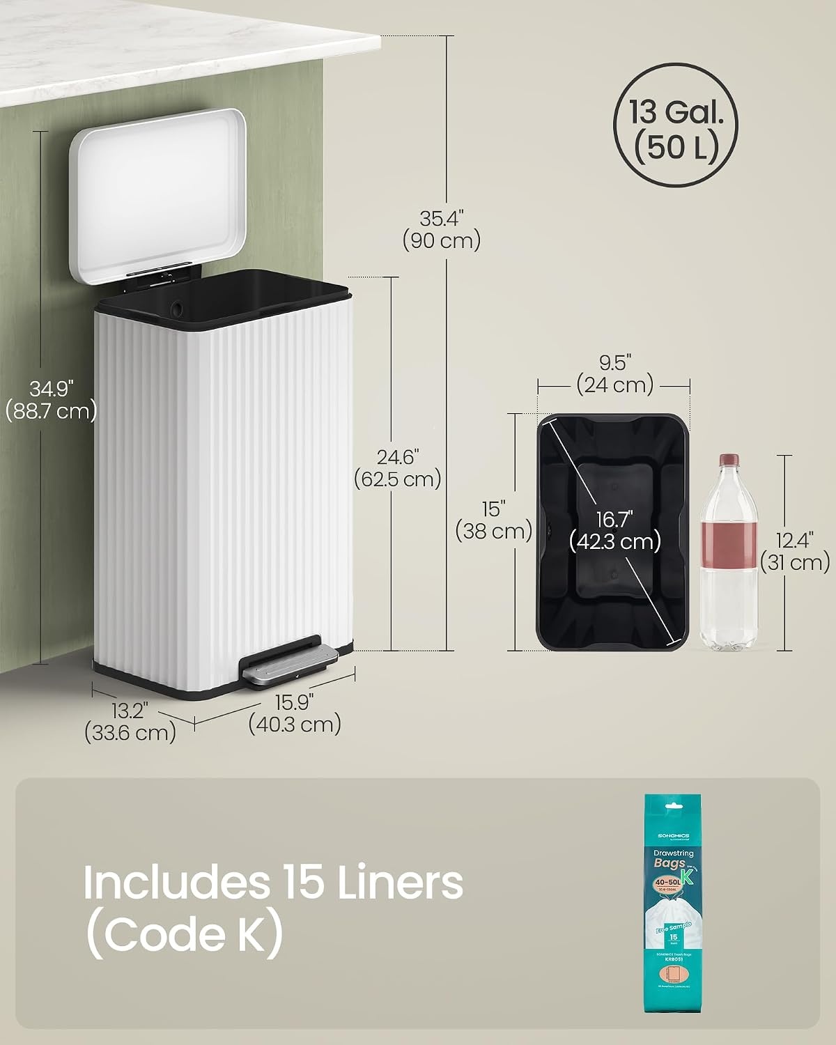image:imageSONGMICS Trash Can 8 Gallon 30 L Stainless Steel with Lid PedalCloud White