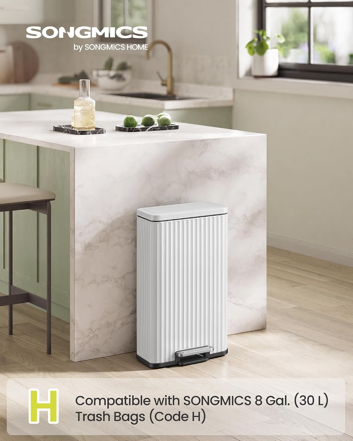 image:imageSONGMICS Trash Can 8 Gallon 30 L Stainless Steel with Lid PedalCloud White