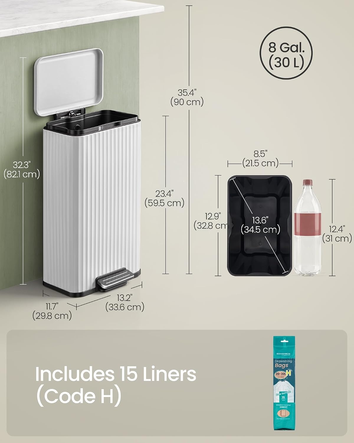 image:imageSONGMICS Trash Can 8 Gallon 30 L Stainless Steel with Lid PedalCloud White